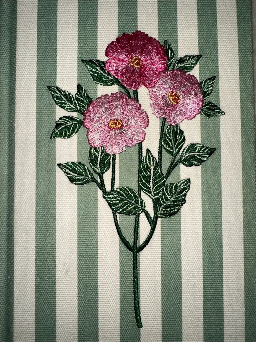 PS White Green Stripes Embroidered Pink Floral hard cover lined pages journal